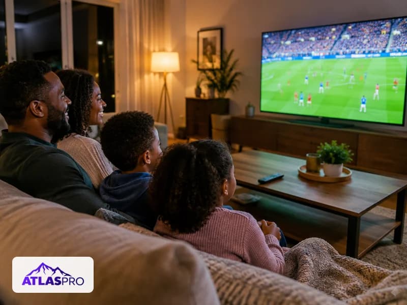 Famille regardant un match de foot en direct sur Atlas Pro ONTV